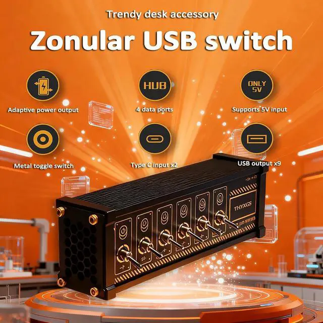 Alt view image 3 of 7 - 6 Port USB Switcher, Independent Control, USB Docking Station, Data Transmission, 9 USB Input Ports, Button Switch, Retro Gold Plating Table Setting, Share USB Devices, for Boyfriend Gift
