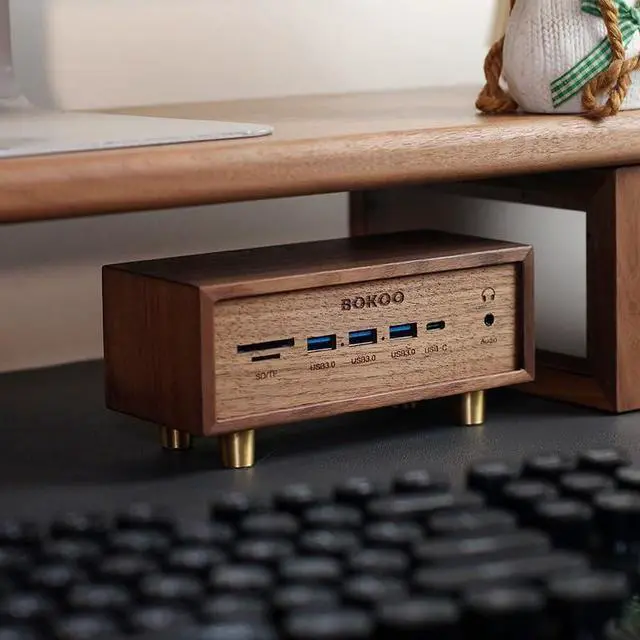 Main image of Solid Wood USB3.0x4 Switch, Copper HUB Docking Station, Splitter Expansion Dock, 12-Port Expansion, Independent Control, Retro Creative Table Setting, Convenient Work