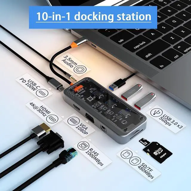 Alt view image 2 of 6 - 10-in-1 Docking Station - 100W USB-C PD, 4K HDMI, 1080p VGA, High-Speed USB 3.0