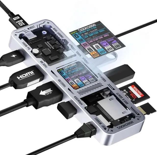 Main image of 10 in 1 Hub with LCD Screen Dual 4K 60Hz Support 1000Mbps Ethernet UHS II SD TF Card Reader 100W Power Delivery USB 3 2 Gen 2 Type C Dock for Laptops and Other USB C Devices(Sliver)