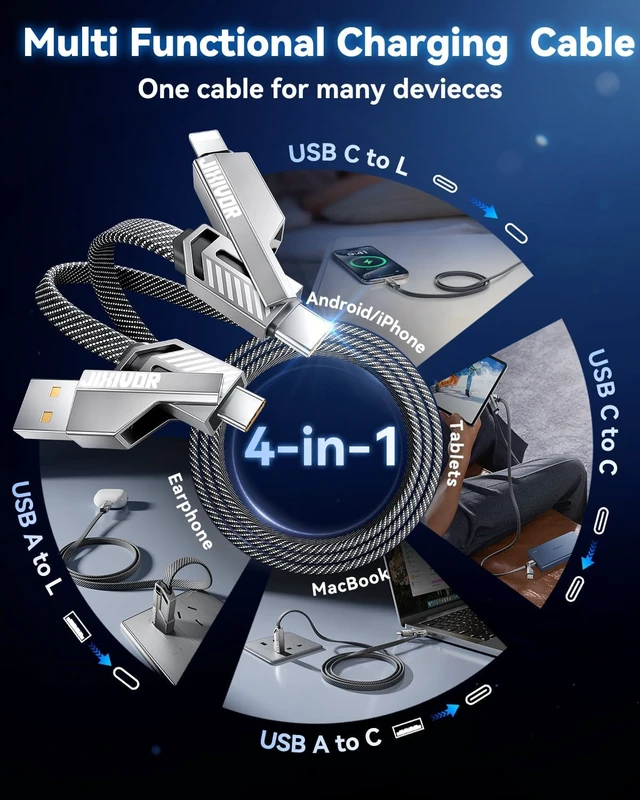 Alt view image 4 of 7 - 60W 4 in 1 Multi Charging Cable 5FT USB C/A to C/Lightning Cable Combo