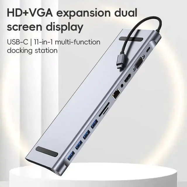 Alt view image 3 of 7 - Daguys AD-059 11 in 1 USB-C/Type-C to 4K HDMI + VGA + SD/TF Card Slot + Gigabit Ethernet + 3.5mm AUX + USB-C/Type-C + 4 USB 3.0 Multifunctional Docking Station HUB