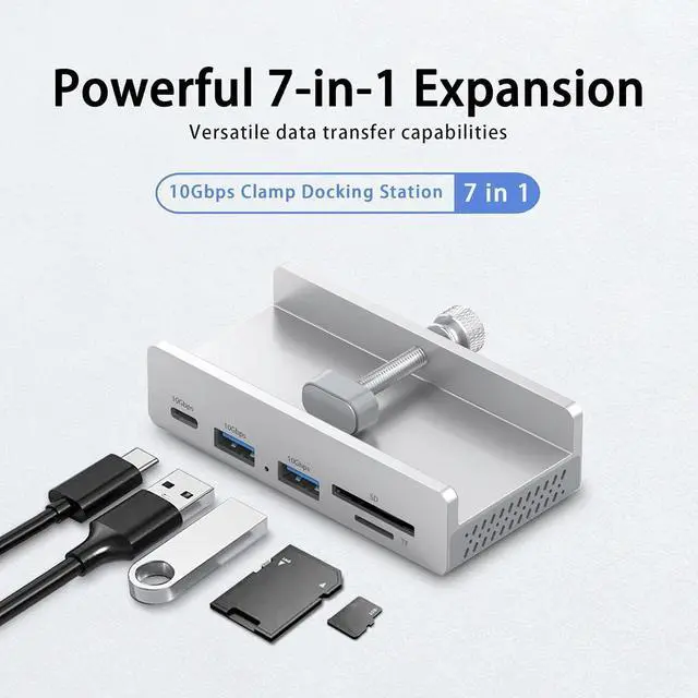 Alt view image 4 of 7 - Daguys HCL-1071 7-Port Type-C 3.2 Clamp Clamp Docking Station HUB with Type-C to Type-C Cable