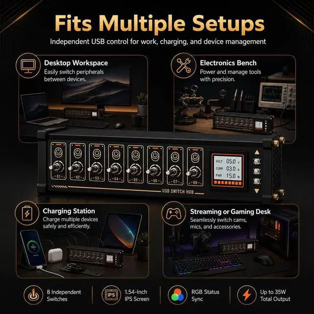 Alt view image 3 of 7 - 8 Ports USB C Splitter, 8 Port USB Docking Station with Independent Control Button, Voice Control Function, Data Transmission, for Phones, Tablets, and Gadgets