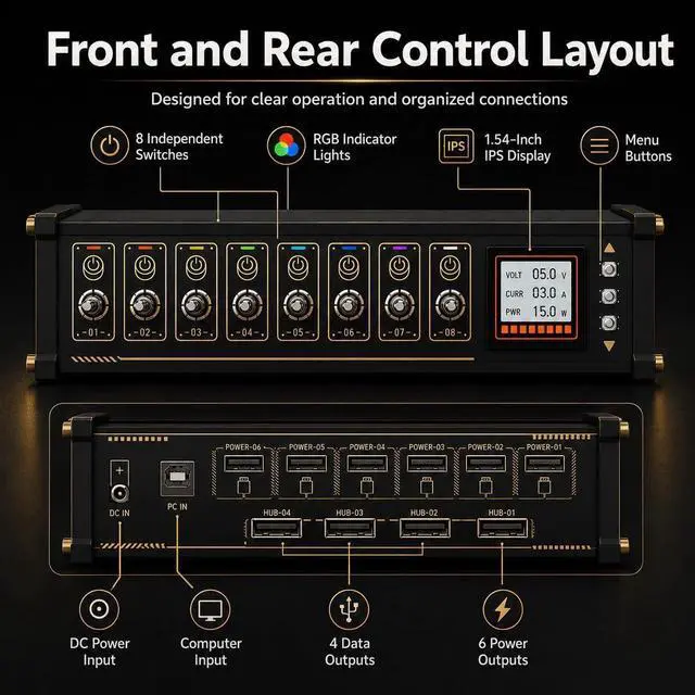 Alt view image 4 of 7 - 8 Ports USB C Splitter, 8 Port USB Docking Station with Independent Control Button, Voice Control Function, Data Transmission, for Phones, Tablets, and Gadgets