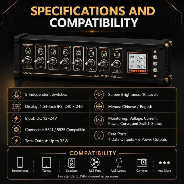Alt view image 5 of 7 - 8 Ports USB C Splitter, 8 Port USB Docking Station with Independent Control Button, Voice Control Function, Data Transmission, for Phones, Tablets, and Gadgets