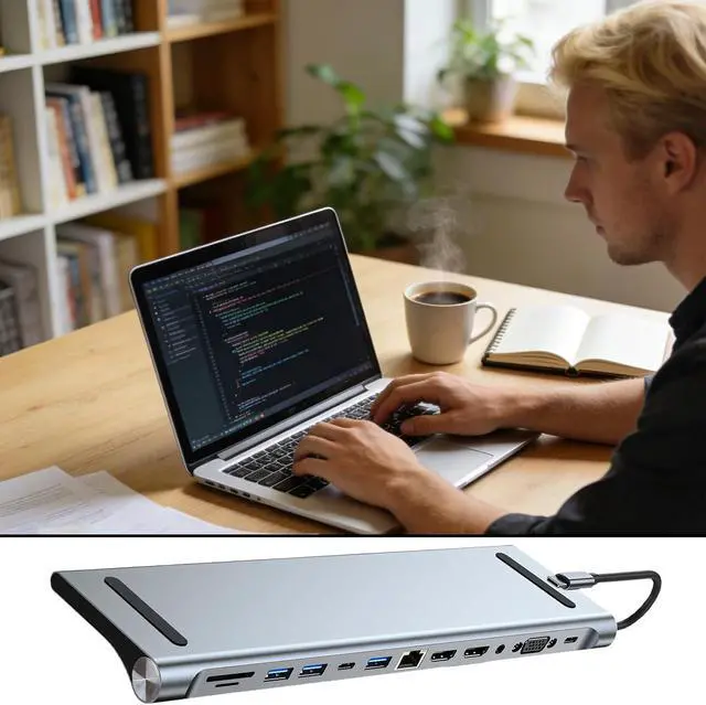Alt view image 5 of 7 - Aluminum 12 in 1 Type C Dock USB3.0 USB2.0 Splitter Multiport Adapter 4K RJ45 HDTV Expansion Device for Laptop Ethernet USB C Center