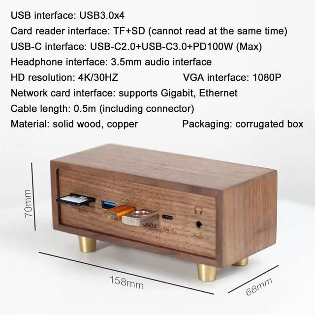 Alt view image 5 of 7 - Solid Wood USB3.0x4 Switch, Copper HUB Docking Station, Splitter Expansion Dock, 12-Port Expansion, Independent Control, Retro Creative Table Setting, Convenient Work