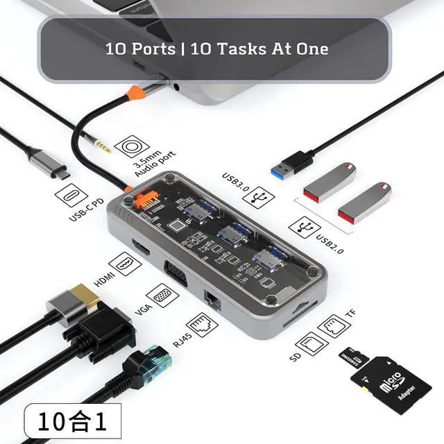 Alt view image 2 of 7 - USB C Multi Port 10 in 1 Docking Station With PD 100W, Multi Screen 4K Outputs, Stable Ethernet, 5Gbps Data Transfer, Aux 3.5mm Type-C USB Hub Adapter