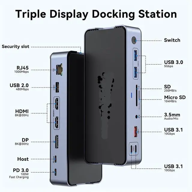 Alt view image 2 of 5 - 15 In 1 Docking Station Pro Air Thunderbolt Dual 8K HDMI DP USB3 0 RJ45 SD/TF PD100W USB Adapter(Type1-2HDMI 1DP)