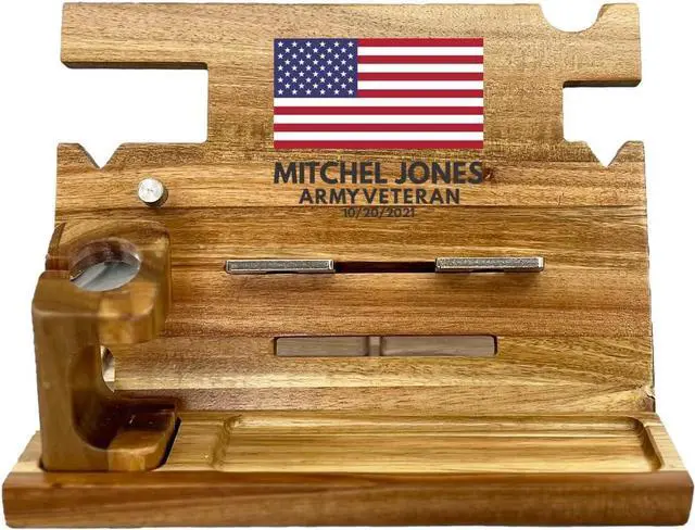 Main image of Custom Patriotic Military Gifts US Flag - Wooden Docking Station Men, Nightstand Organizer - Charging Station, Cell Phone, Tablet Stand