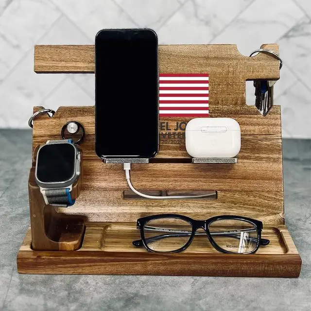 Alt view image 2 of 4 - Custom Patriotic Military Gifts US Flag - Wooden Docking Station Men, Nightstand Organizer - Charging Station, Cell Phone, Tablet Stand