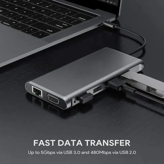 Alt view image 3 of 6 - 12-in-1 USB-C Docking Station with Dual HDMI, VGA, USB 3.0, Ethernet, SD Card Reader, and 3.5mm Audio