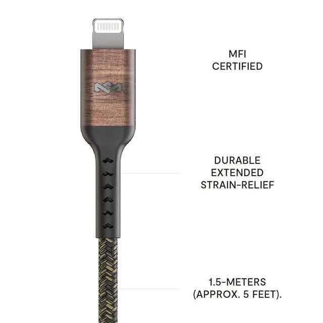 Alt view image 3 of 7 - House of Marley Rewind USB-C to Lightning Cable: Braided Charging Cable, USB-IF and MFI-Certified, 5ft Length, Made with Sustainable Materials