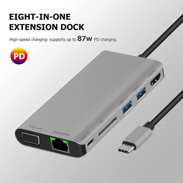 Alt view image 5 of 5 - Daguys 7 in 1 Type-C to RJ45+VGA+Type-C+SD Card Slot+USB3.0 x 2+HDMI Dock Hub Adapter