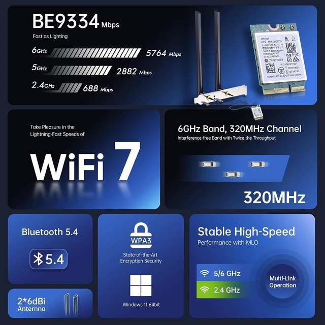 Alt view image 7 of 7 - WiFi 7 Card Bluetooth 5.4 BE9300 M.2 2230 for Windows 11 | Tri-Band 2.4G/5G/6Ghz 802.11be, Bluetooth 5.4, MLO, Wi-Fi 7 Module, , Wireless Network Card, Support Windows 11