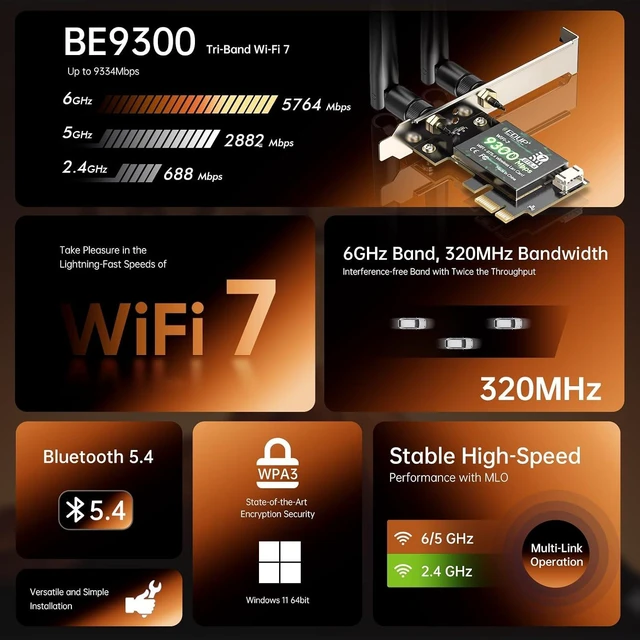 Alt view image 3 of 7 - PCIe WiFi 7 Card BE9300 Bluetooth 5.4 Card for Windows 11 | Wireless Network Card for Desktop PCs with MLO, 2.4/5/6GHz, Compatible with, Work for Windows 11