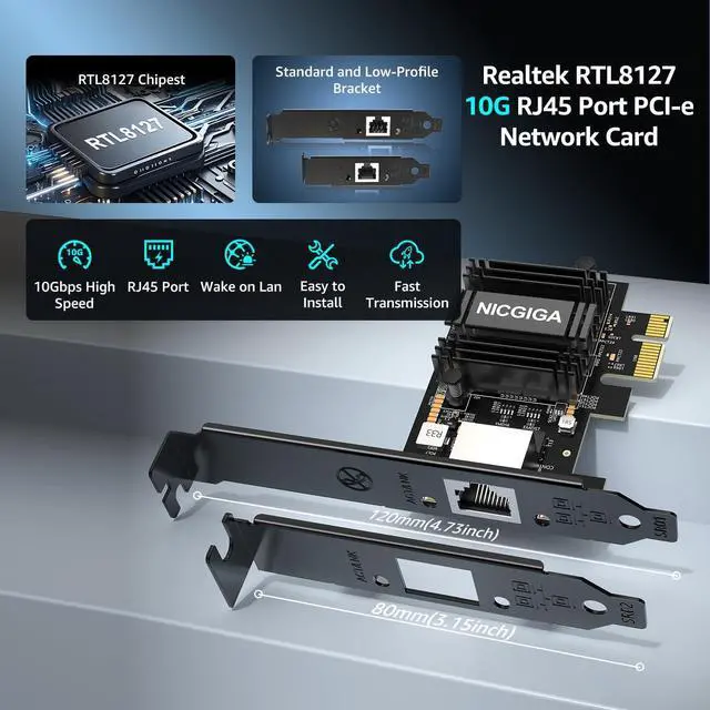 Alt view image 3 of 7 - NICGIGA 10Gb PCIe 4.0 x1 Network Card, Realtek RTL8127 Ethernet Adapter. | 10G/5G/2.5G/1G RJ45 Multi-Gigabit LAN NIC, Support Windows 10/11/Server, Linux, NAS, Low Profile Bracket