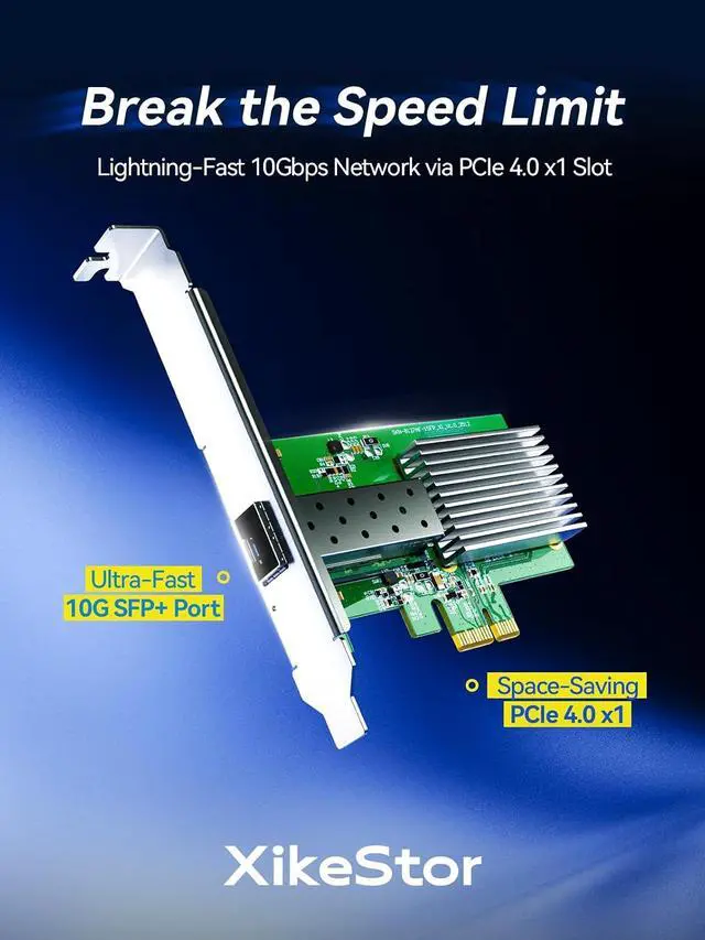 Alt view image 2 of 7 - 10Gb SFP+ PCIe 4.0 x1 Network Card 10GbE LAN NIC Adapter | RTL8127AF chip, aluminum heatsink, full-height and low-profile brackets for PC, NAS, Win, Linux, servers