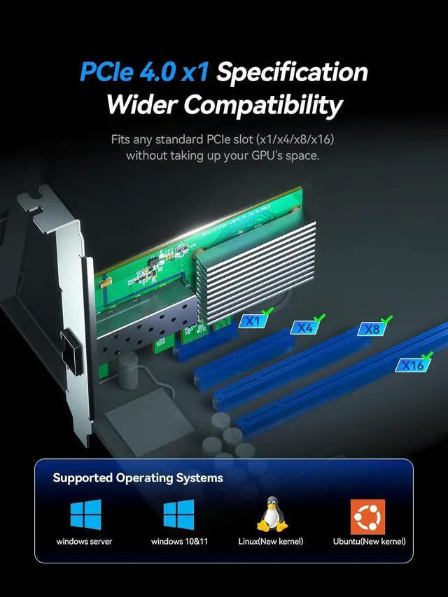 Alt view image 5 of 7 - 10Gb SFP+ PCIe 4.0 x1 Network Card 10GbE LAN NIC Adapter | RTL8127AF chip, aluminum heatsink, full-height and low-profile brackets for PC, NAS, Win, Linux, servers