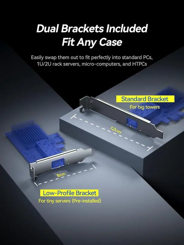 Alt view image 6 of 7 - 10Gb SFP+ PCIe 4.0 x1 Network Card 10GbE LAN NIC Adapter | RTL8127AF chip, aluminum heatsink, full-height and low-profile brackets for PC, NAS, Win, Linux, servers