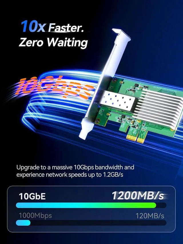 Alt view image 4 of 7 - 10Gb SFP+ PCIe 4.0 x1 Network Card 10GbE LAN NIC Adapter | RTL8127AF chip, aluminum heatsink, full-height and low-profile brackets for PC, NAS, Win, Linux, servers