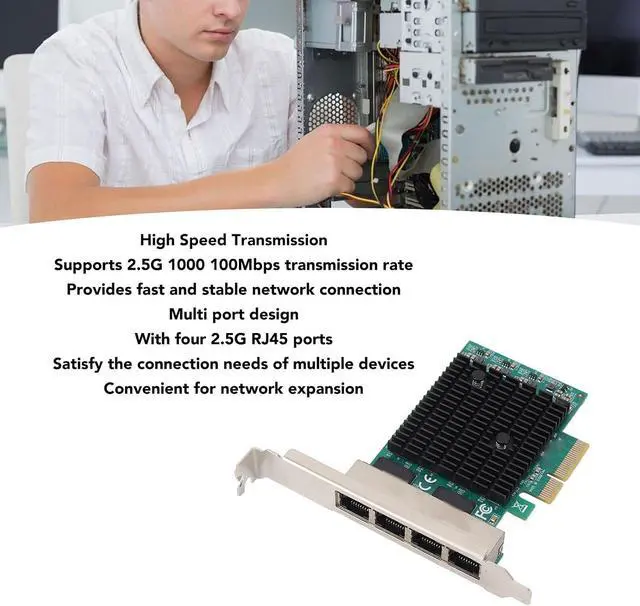 Alt view image 3 of 7 - 4 Port PCIe Gigabit Network Card, RTL8125B LAN Controller 2.5G Ethernet Adapter with 2500 1000 100Mbps RJ45 Ports, for Desktop PC Workstation Server
