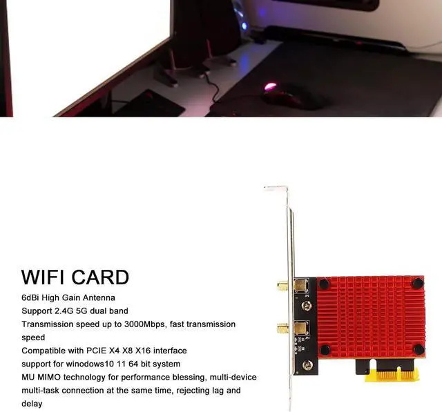 Alt view image 2 of 7 - Wireless PCIe Card, 6dBi High Gain Antenna Support 2.4G 5G Dual Band Up to 3000Mbps, Compatible with PCIe X4 X8 X16 Interface, Removable External Antenna Support Winodows10 11 64 Bit System