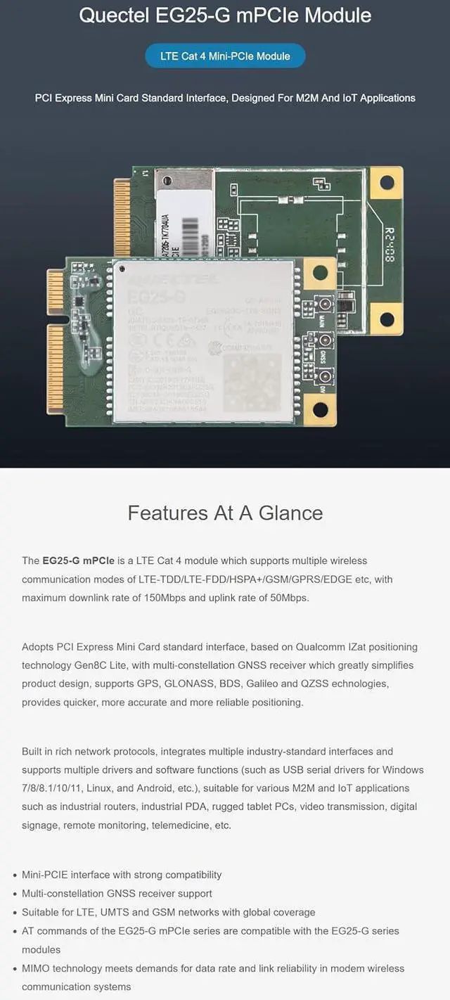 Alt view image 2 of 5 - Quectel EG25-G mPCIe LTE Cat 4 Module with PCI Express Mini Card Form Factor Supports Multiple Wireless Communication Modes @XYGStudy (EG25-G mPCIe)