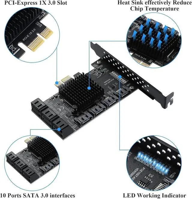 Alt view image 5 of 7 - PCI-E X1 to SATA 3.0 Controller Card, 10-Port SATA 6Gbps Expansion Cards | with 10 Cables for HDD/SSD