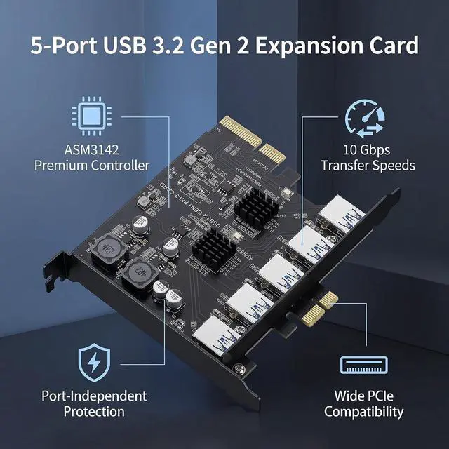 Alt view image 2 of 5 - SUNGOOYUE Premium ASMedia ASM3142 USB 3.2 Gen 2 5 Ports PCIe Expansion Card for High Resolution Media, Compatible with 7 10 11 for,