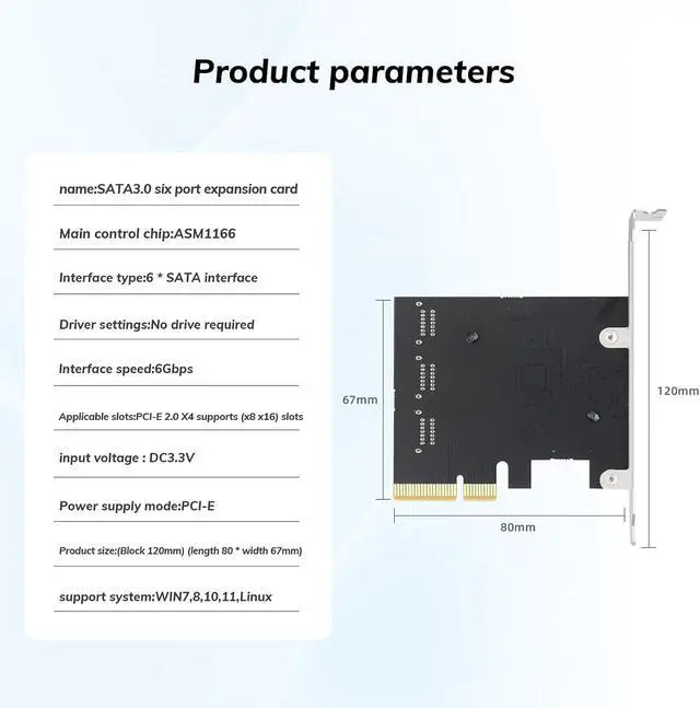 Alt view image 2 of 7 - 6 Port PCIe X4 to SATA 3.0 Expansion Card, Internal SATA Adapter for Desktop PC, Supports SSD/HDD Bootable System Drives, Plug and Play (Driver-Free)