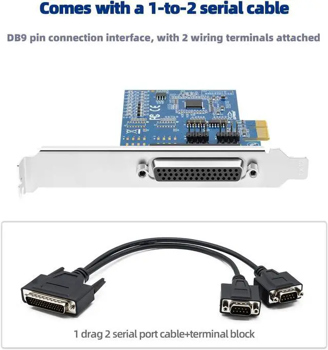 Alt view image 2 of 7 - PCIE to 2 Ports RS-485/422 Serial Card with 1-to-2 Serial Ports Cable,Terminal Blocks,Expansion Card with 2 DB9 Connectors COM Ports Adapter Card Support Windows 10/8.1/8/7,with AX99100 Chip