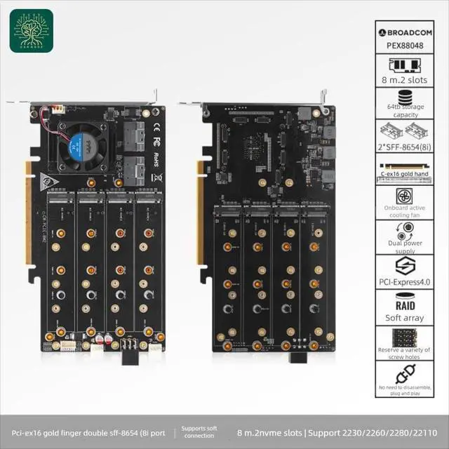 Alt view image 7 of 7 - 8-Drive NVMe SSD to PCIe 4.0 X 16 Adapter Card with Active Cooling (88048 8-Drive NVMe Expansion Card, Plain) Visit the oaknode Store (Plain)
