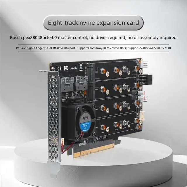 Alt view image 4 of 7 - 8-Drive NVMe SSD to PCIe 4.0 X 16 Adapter Card with Active Cooling (88048 8-Drive NVMe Expansion Card, Plain) Visit the oaknode Store (Plain)
