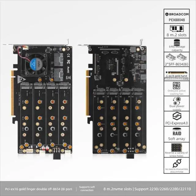 Alt view image 5 of 7 - 8-Drive NVMe SSD to PCIe 4.0 X 16 Adapter Card with Active Cooling (88048 8-Drive NVMe Expansion Card, Plain) Visit the oaknode Store (Plain)