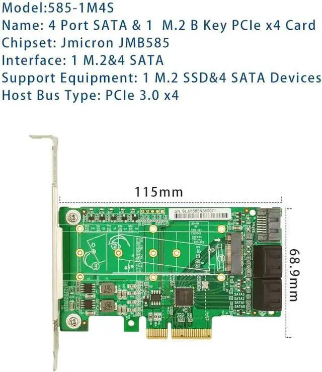 Alt view image 2 of 3 - PCIe x4 SATA3.0 Card, 5 Port SATA 3.0 or 4 SATA & 1 M.2 Expansion Card, JMB585 Controller
