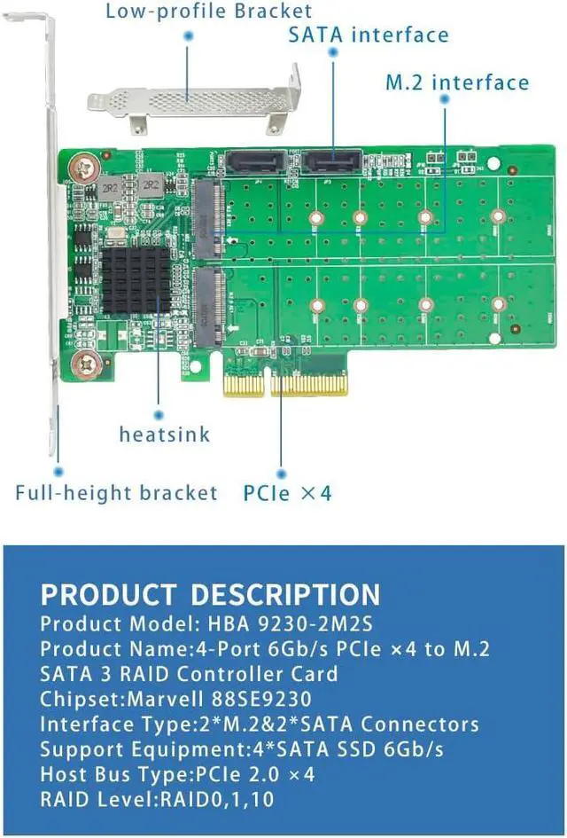 Alt view image 5 of 7 - PCIe x4 SATA RAID Controller Card, Dual M.2 and SATA 6Gb/s, Marvell 88SE9230, RAID 0/1 Support