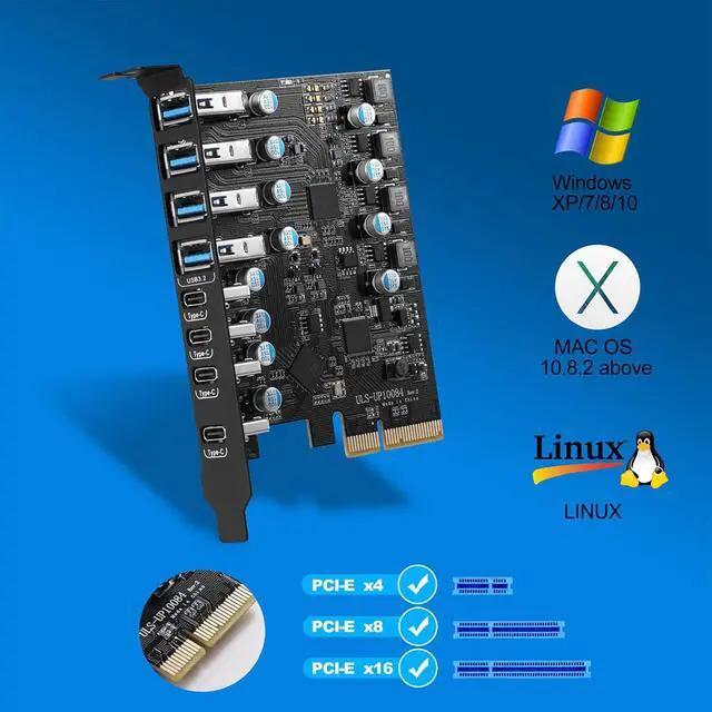 Alt view image 4 of 7 - 8-Port PCIe to USB3.2 Card Expansion 20Gbps 8 Ports 1 Type-C X 4 & 1 TypeA Splitter Adapter UsbC Controller Interface Ultra-Fast Expansion