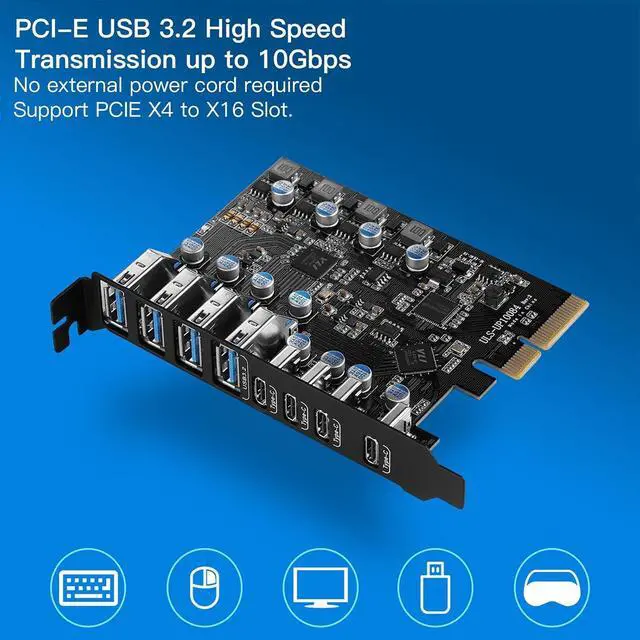 Alt view image 6 of 7 - 8-Port PCIe to USB3.2 Card Expansion 20Gbps 8 Ports USB3.1 Type-C X 4 & 1 TypeA PCIE Splitter Adapter Card UsbC Controller UsbC Interface Ultra-Fast Expansion