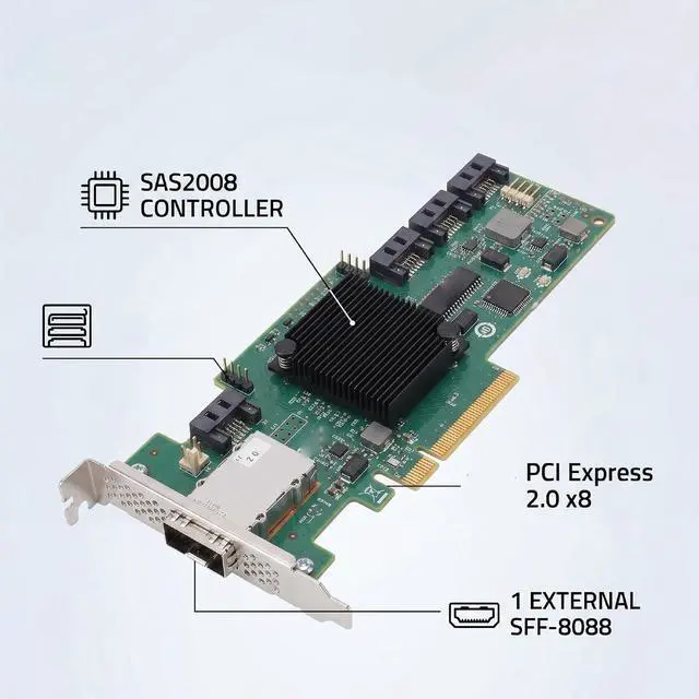 Alt view image 2 of 7 - SAS HBA Card Compatible with LSI 9212 4i4e RAID Controller, 8 Port 6Gbps PCIe 2.0 x 8, IT IR Mode, 4 Internal SATA and 4 External SAS Ports, for Server NAS Workstation