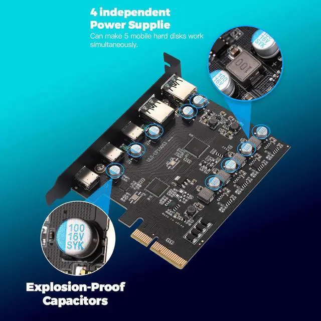 Alt view image 3 of 7 - PCI-E to USB 3.2 Gen 2 Expansion Card with 2 Type-A & 3 Type-C Ports 20Gbps Bandwidth Support Power Supply for Devices