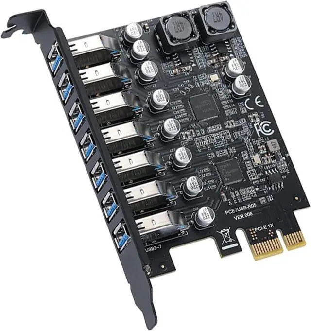 Alt view image 2 of 7 - 2X 7-Port USB3.2 Gen1 PCIe Expansion Card Black, 5Gbps, PCIe x1 Interface, Driver Included, Works on WinXP to Win11 & Linux
