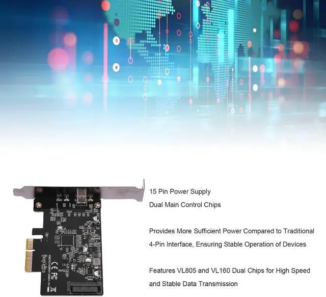 Alt view image 2 of 7 - PCI E to Type C USB3.2 Expansion Card, 20 Gbps PCIE USB 3.2 GEN Card with 15PIN Power Supply & Dual Chips, Type C to PCIE X4 for, OS X &