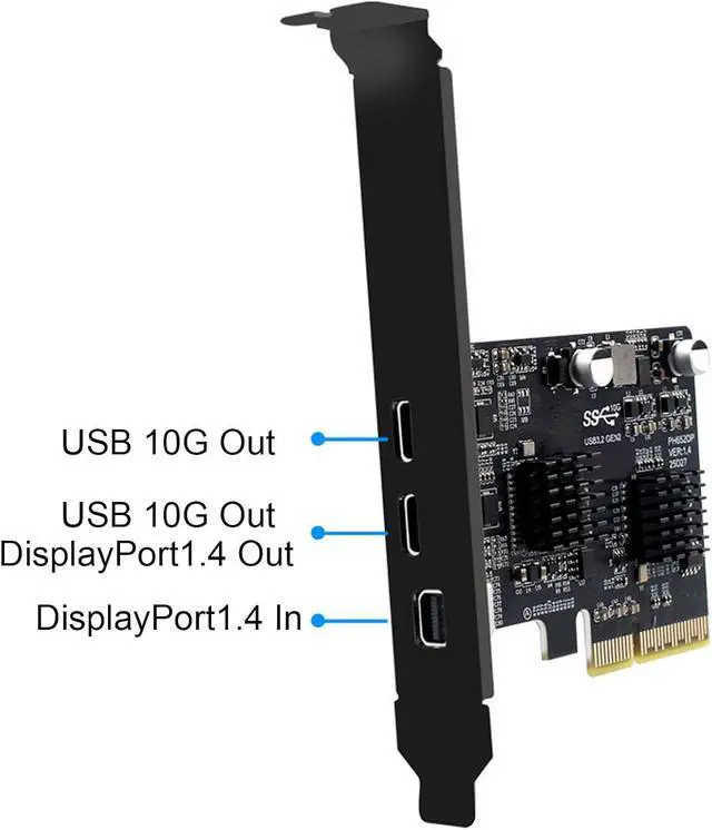 Alt view image 7 of 7 - Type C PCIE Card, 10Gbps USB 3.0 Expansion Card with 2 Ports, DisplayPort Video 4K 60Hz, Internal USB Header, for Desktop PC