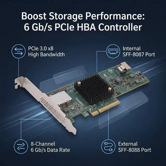 Alt view image 3 of 7 - Gugxiom LSI 9217-4i4e SAS HBA Controller Card, 6Gbps 8 Port PCIe 3.0 x8 Expansion Card with Internal SFF 8087 & External SFF 8088, LSI SAS2308 Host Bus Adapter