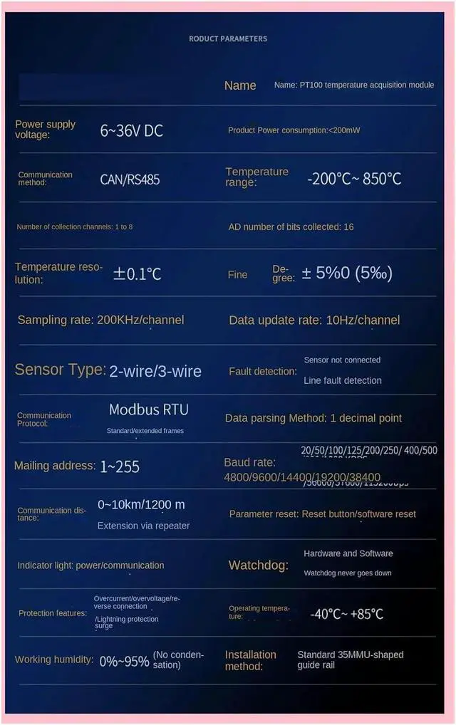 Alt view image 3 of 3 - Temperature Acquisition Module PT100 RS485 Network Port CAN Modbus Temperature Acquisition Module