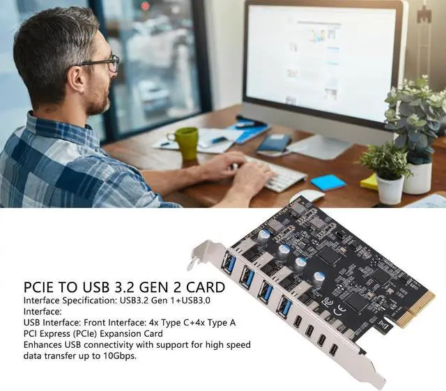 Alt view image 3 of 7 - 8-Port PCIe USB 3.2 Gen 2 Card | 4X TypeC 4X TypeA 10Gbps Expansion for Desktop PC