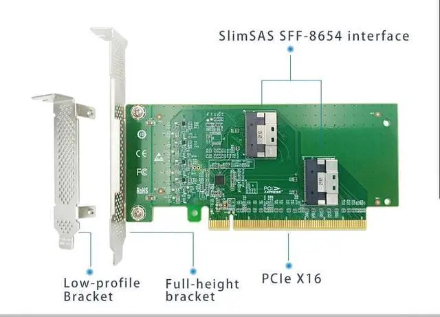 Alt view image 5 of 6 - SlimSAS to U.2 PCIe 4.0 to 2-Port SFF-8654 4i NVMe Expansion Card