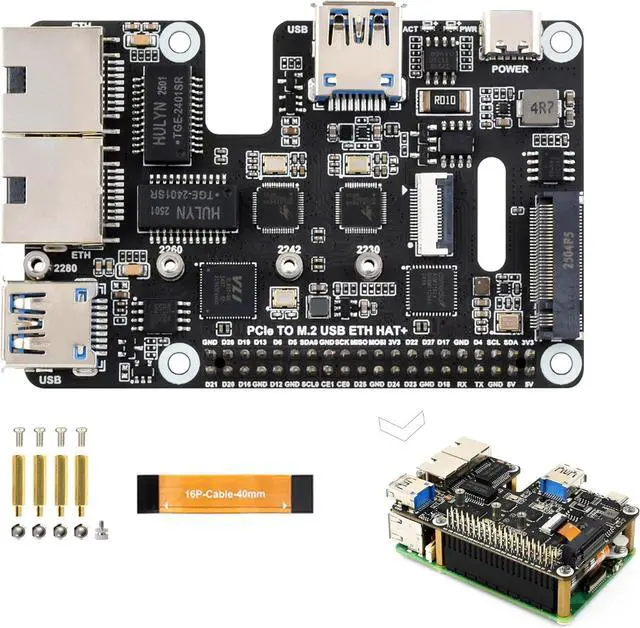 Main image of PCIe to USB 3.2 Gen1 /2.5G ETH/M.2 NVMe Adapter Compatible with Raspberry Pi 5, Supports 2230/2242/2260/2280 NVMe M.2 Solid State Drive,Dual 2.5G Ethernet Ports &Dual USB 3.2 Ports & M.2 NVMe Slot
